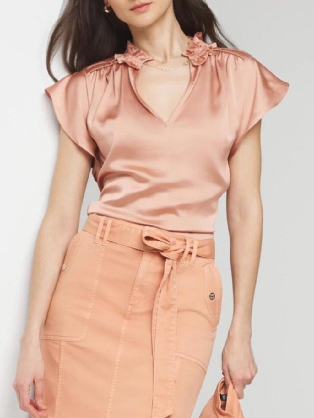 White House Black Market Copper Peach Flutter Sleeve Blouse, Size Small